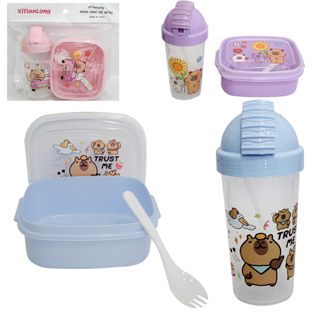 KIT ALIMENTACAO / PAPINHA VIAGEM MARMITA DE PLASTICO COM TAMPA + COLHER GARFO E GARRAFA SQUEEZE CAPIVARA 300ML