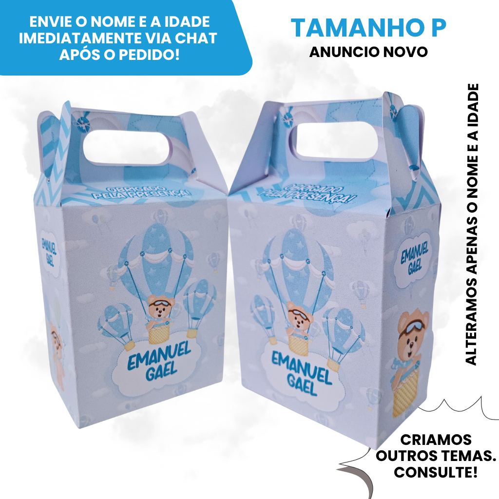 Kit Caixinha Maletinha Surpresa Personalizada Ursinho Baloeiro Aniversario Lembrancinha Infantil