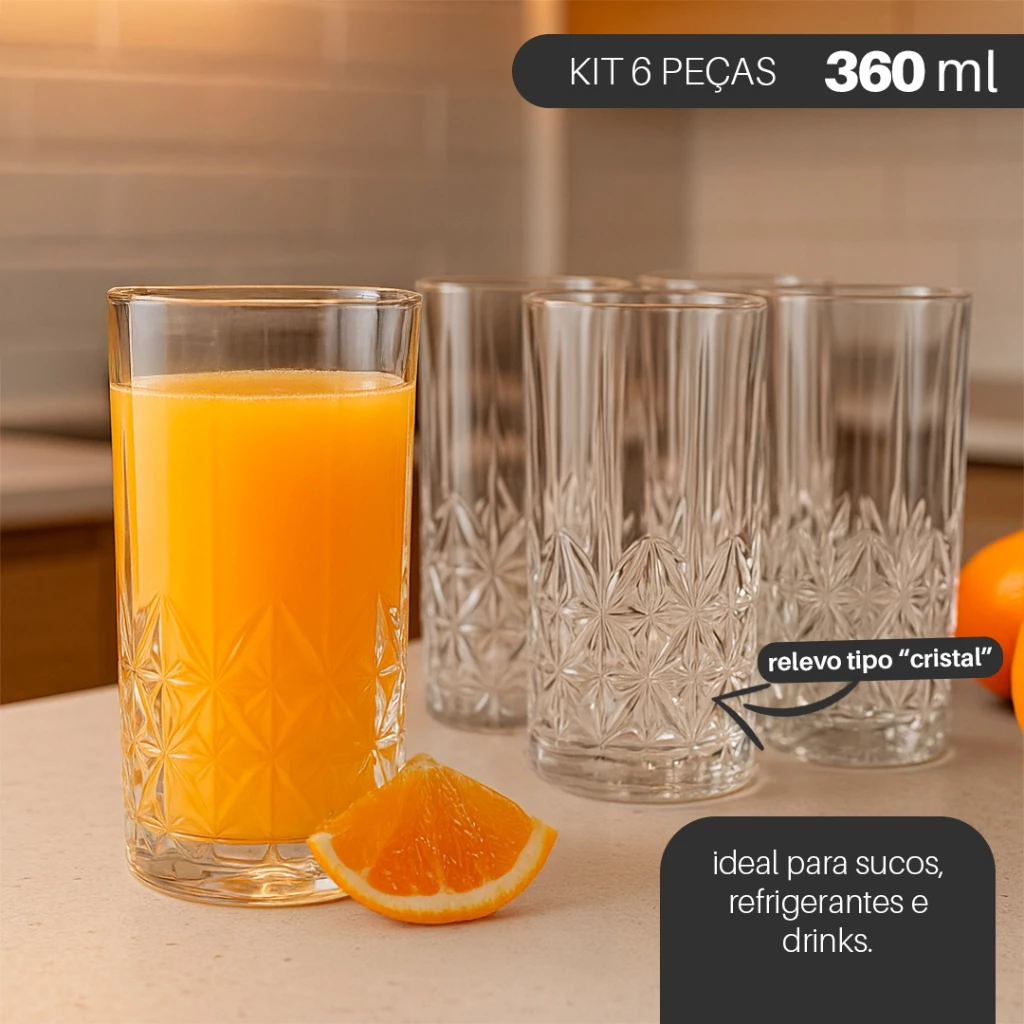 Jogo 6 Copos de Vidro Adhara 360ml – Design em Relevo Estilo Cristal — imagem 1