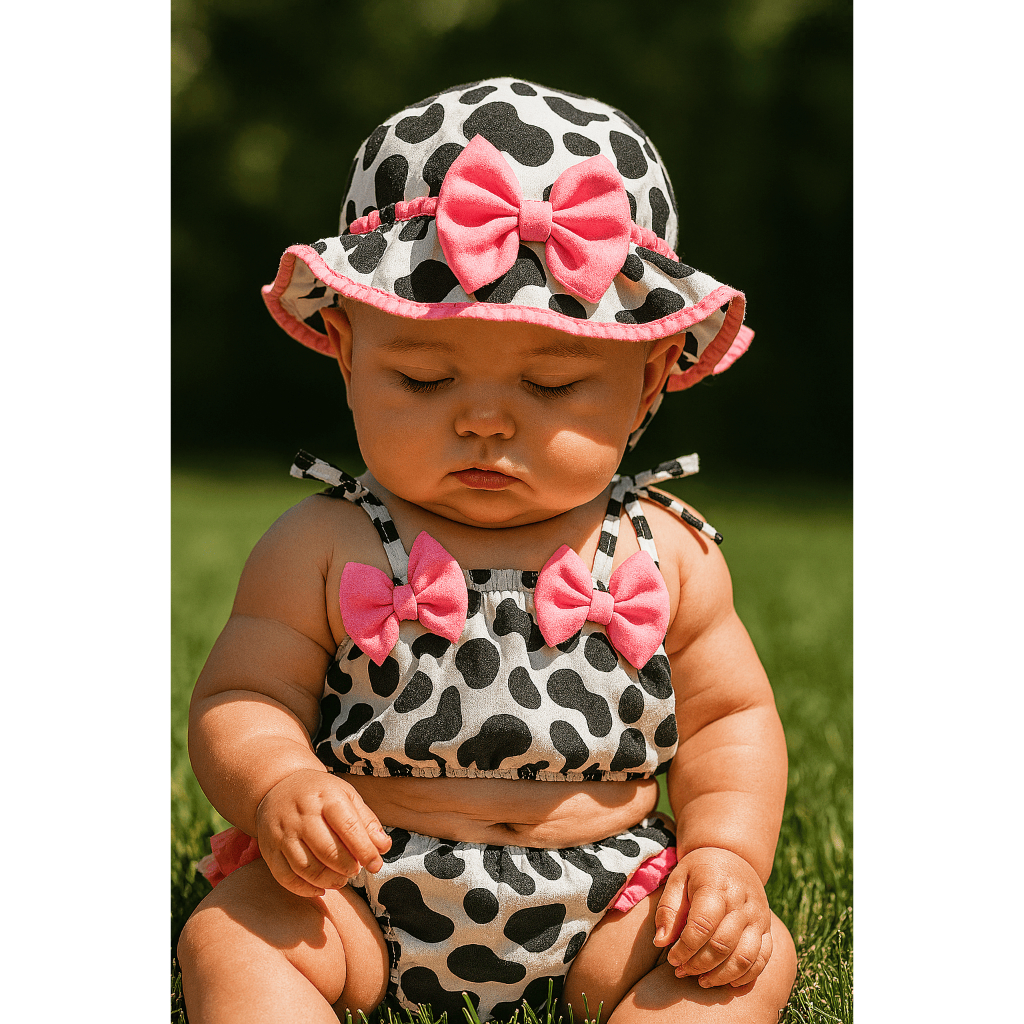 Conjunto Banho De Sol Vaquinha Bezerrinha Fazendinha Moda Praia Bebê Cropped + Chapeu + Calcinha em Oferta na Shopee