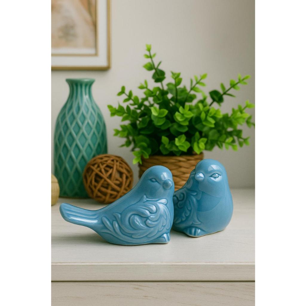 Kit Enfeites Passarinhos Cerâmica Azul Decoração Sala Banheiro 2 Peças