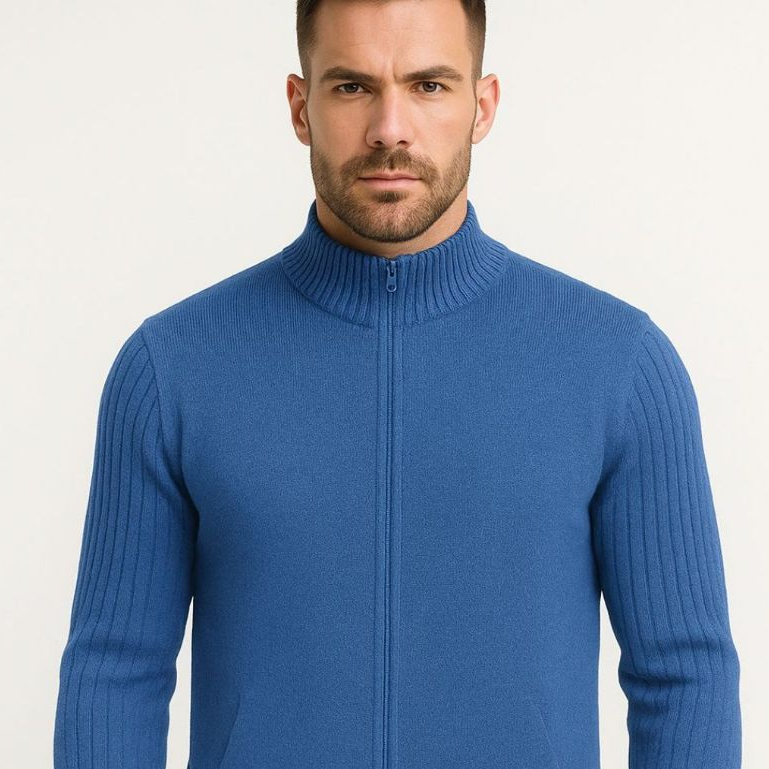 Jaqueta Masculina Manga Longa Com Zíper e Bolso Gola Alta Blusa de Frio Tricô Outono/Inverno Tricot