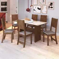 Conjunto Sala de Jantar Fidelitá Atenas 150cm Com 6 Cadeiras Noce/Off-White Assento Linho