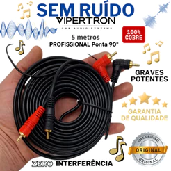 Cabo RCA 5 Metros Emborrachado Automotivo Som Profissional Carro Cobre Puro Flexivel Vipertron 90