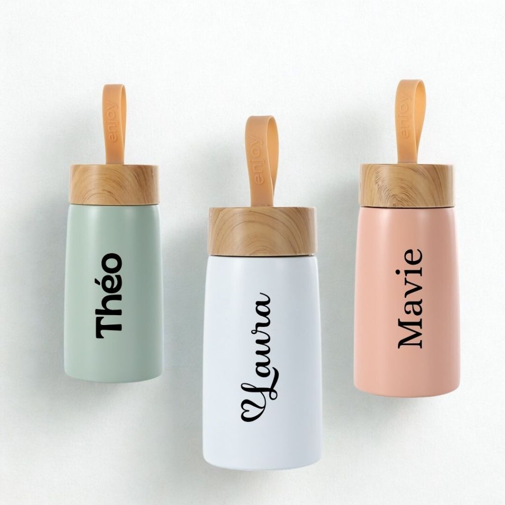 Garrafa Personalizada Nome Térmica Tampa Bambu 250ml  Alça Clean Mini Enjoy Escola Feminina
