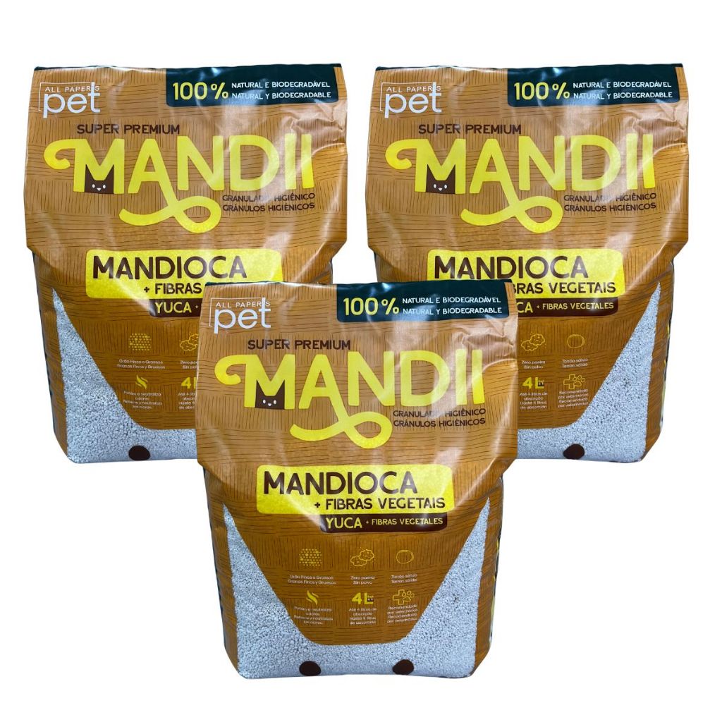 Kit 3 Granulado Areia Para Gatos E Roedores 2,6KGs Feito De Mandioca E Fibras Vegetais Mandii