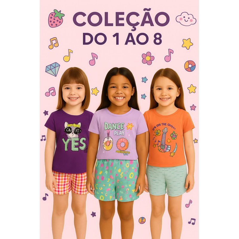 Kit Roupa Infantil Sortido 10 Conjunto Infantil Feminino/Menina Personagens e Estampas – Verão 1 ao 8