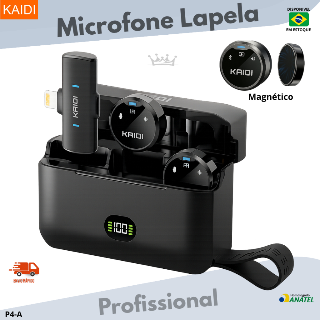 Microfone de Lapela Sem Fio Kaidi P4 Profissional Duplo Magnético Android iPhone Tipo Hollyland