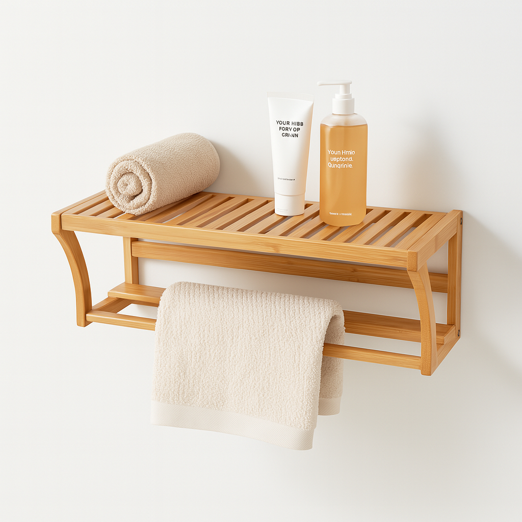Prateleira Suspensa/Flutuante de Bambu 60cm Organização Multifuncional e Porta Toalha