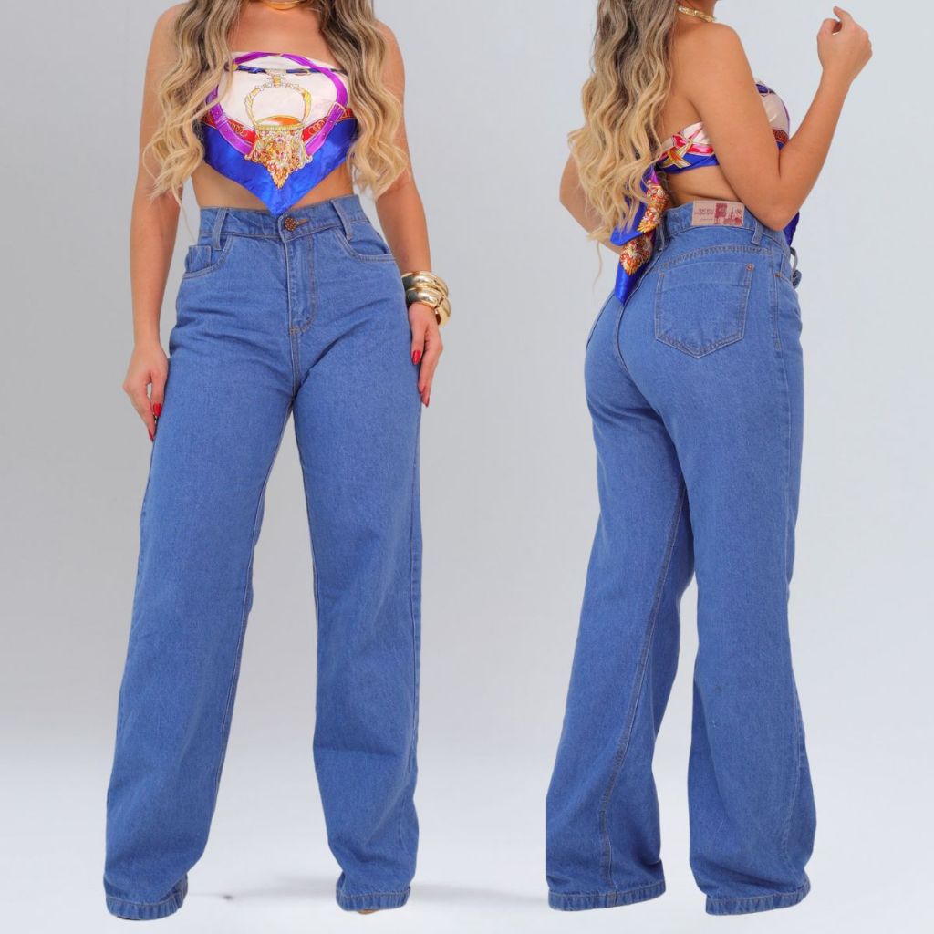 Calça Wide Leg Jeans Feminina Cintura Alta Pantalona Marmorizado 100% Algodão Premium Empina Bumbum