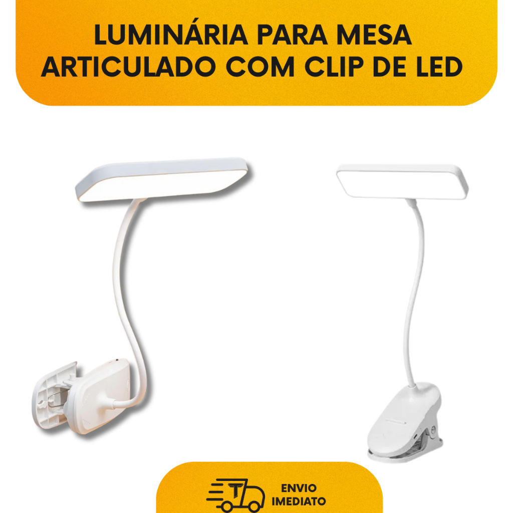 Luminária LED flexível com presilha, luz branca, toque e recarregável USB para leitura e mesa