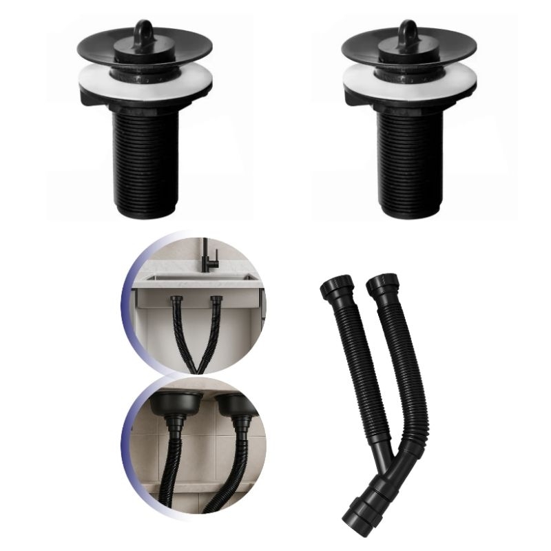 Sifão Duplo Preto Sanfonado + Válvula Tanque/Lavátorio ABS Preto Kit Sifão Duplo Preto + 2 Válvulas