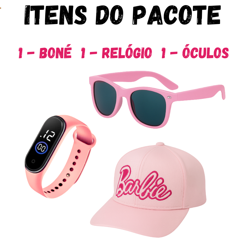 Kit Acessórios Infantil Boné Rosa + Óculos de Sol + Relógio Digital Fashion Presente Menina