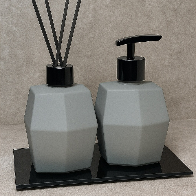 Kit Lavabo Banheiro Cinza Porta Sabonete e Aromatizador Com Bandeja Luxo em Oferta na Shopee