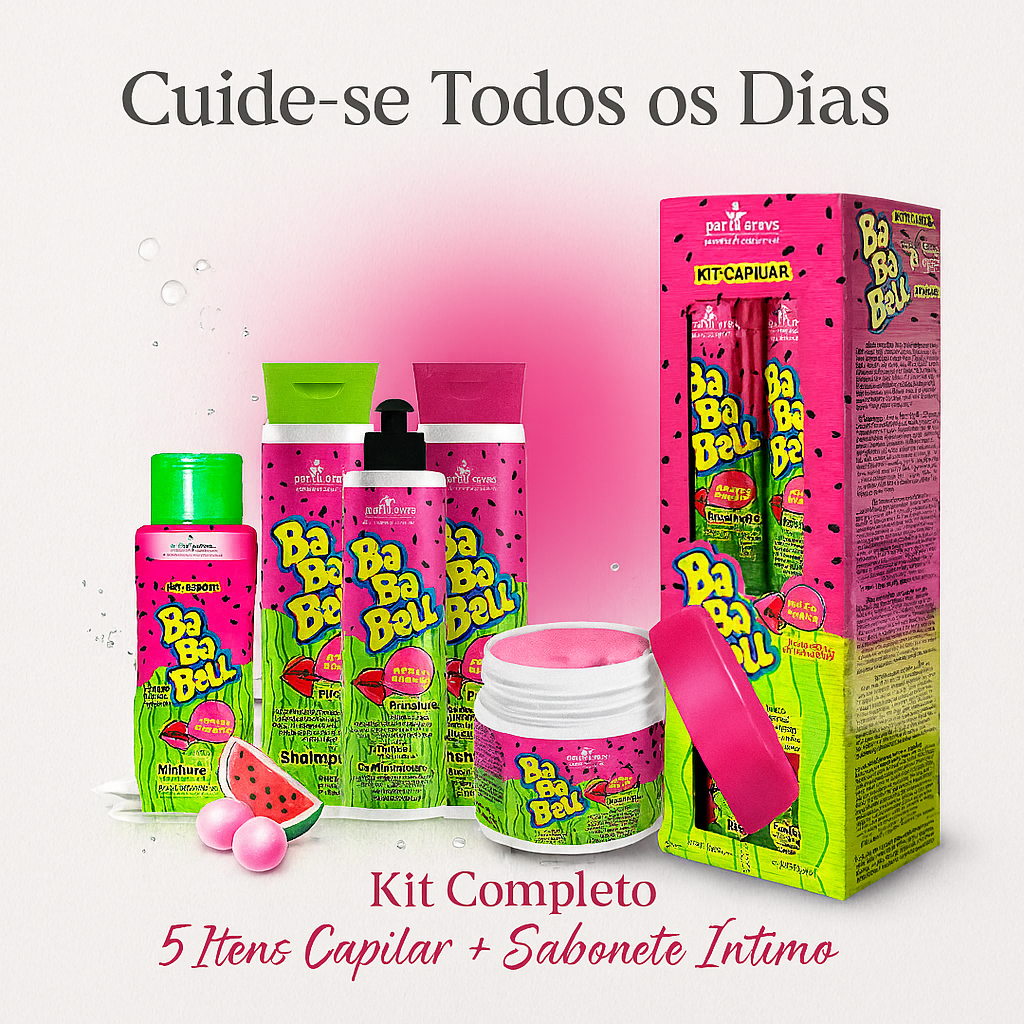 Kit Completo Baba Bell Chiclete Melancia 5 Produtos – Shampoo + Cond + Máscara + Finalizador + Íntimo