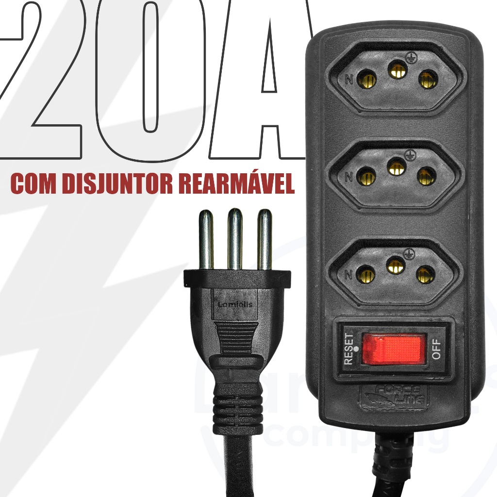 Filtro de Linha 20 Amperes 3 Tomadas Cabo 1,5m Preto Disjuntor Rearmável 20A Force Line Micro-ondas Airfryer Forno em Oferta na Shopee