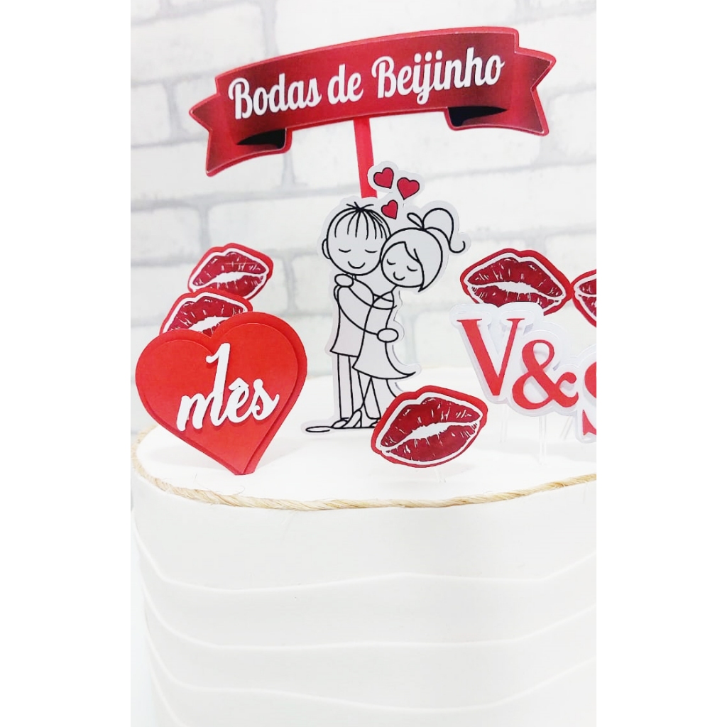 Topo de bolo Bodas de Beijinho - Topo Personalizado Casal - Romantico - Topper 🎉🎉🎂