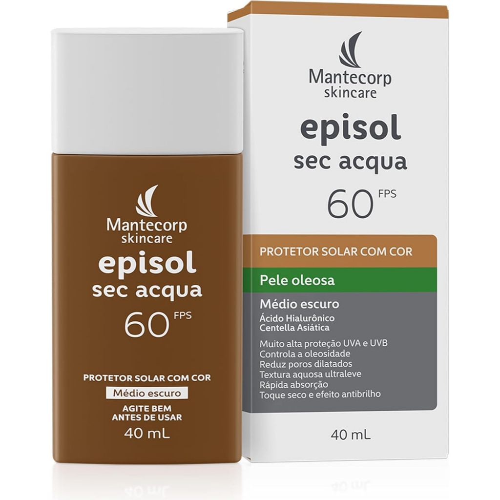 Mantecorp - Protetor Solar Episol Sec Acqua FPS 60 Médio Escuro - Base Aquosa Ultraleve com Cor - Proteção e Controle da