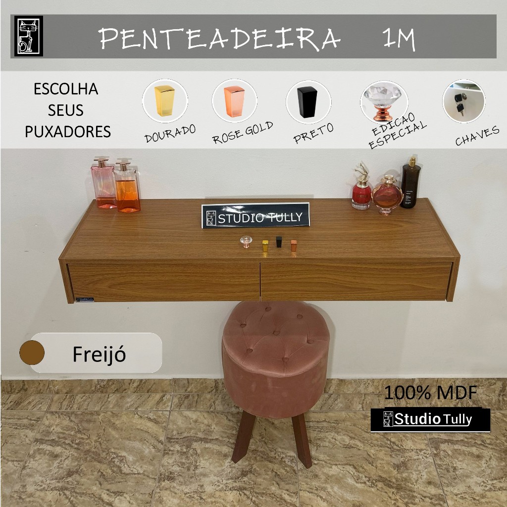 Penteadeira Amadeirado Freijo - Bancada Escrivaninha Suspensa - Puxadores, Chave, Divisórias em Oferta na Shopee
