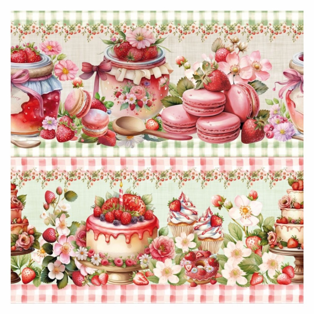 Tricoline Digital Barrado Doces Morangos 100% Algodão 55x150 cm Pano de Prato Maria Flor