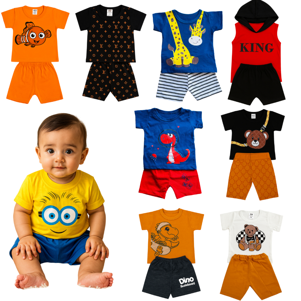 Kit bebê 10 peças menino - 5 camisetas + 5 shorts infantil sortidos 0-6 meses menino enxoval estampas variadas