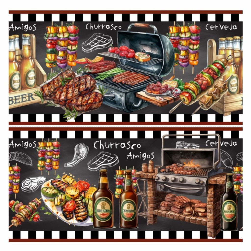 Tricoline Digital Barrado Churrascada 100% Algodão 55x150 cm Pano de Prato Toalhas Maria Flor