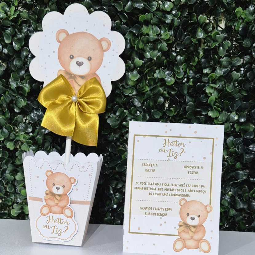 Kit Centro de mesa Chá Revelação Ursinho bebê Bege | Personalizado | Enfeite Cachepô | Decoração | Plaquinha.