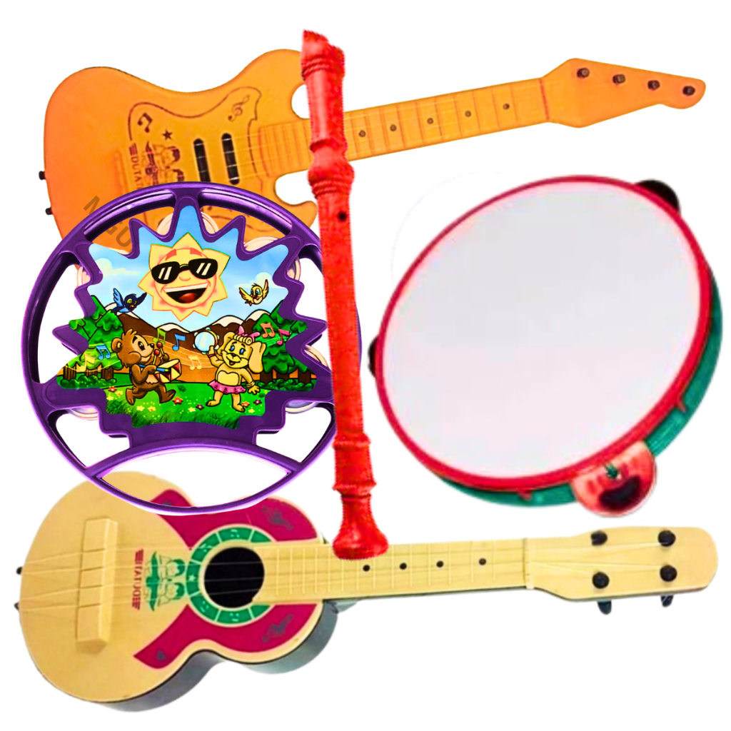 Kit 5 Brinquedos Infantil Musical Viola Pandeiro Divertido Educacional Guitarra Flauta Doce Colorido