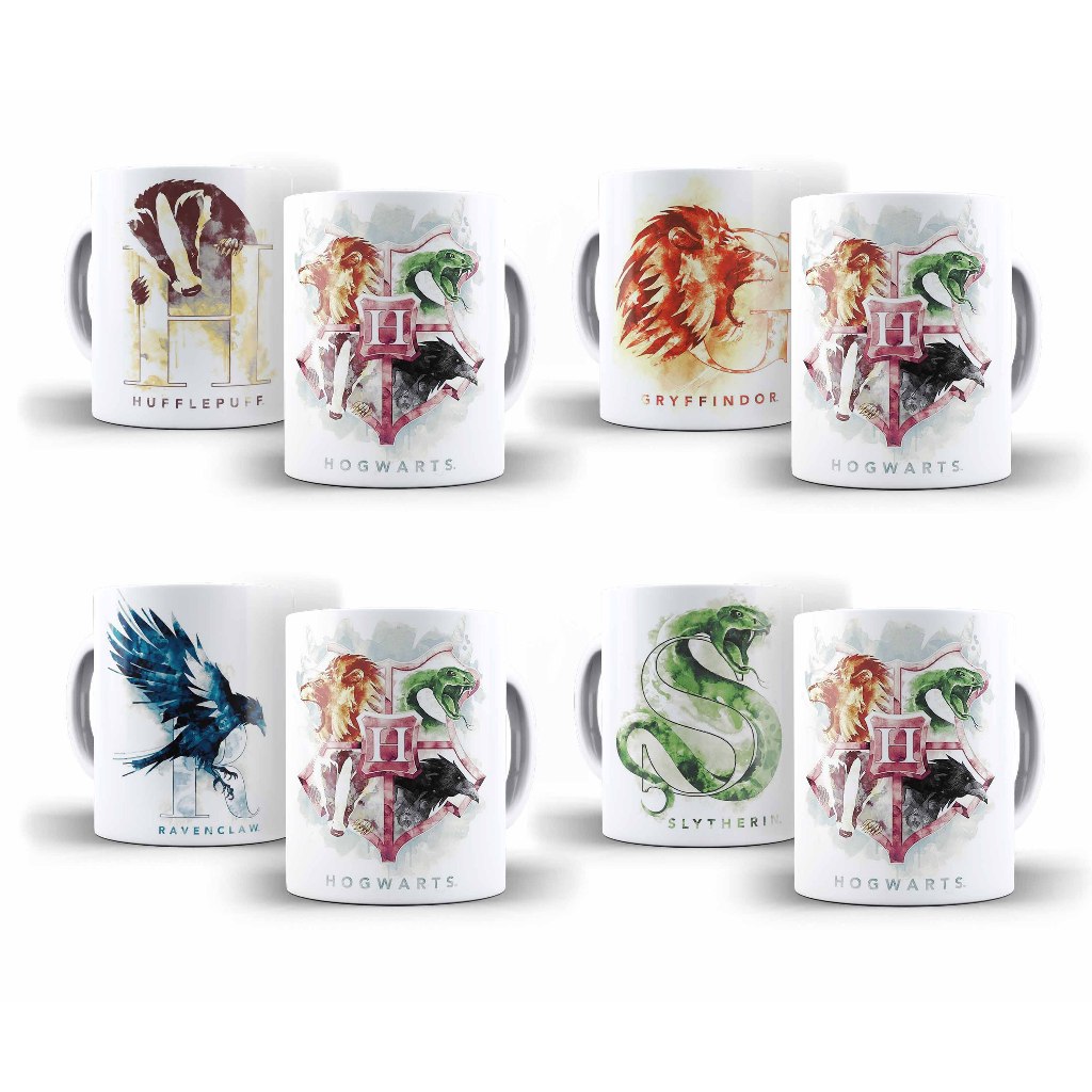 Caneca Harry Potter Casas De Hogwarts + BRINDE Botton Grifinória / Sonserina / Corvinal / Lufa-Lufa (1 unidade 325ml)