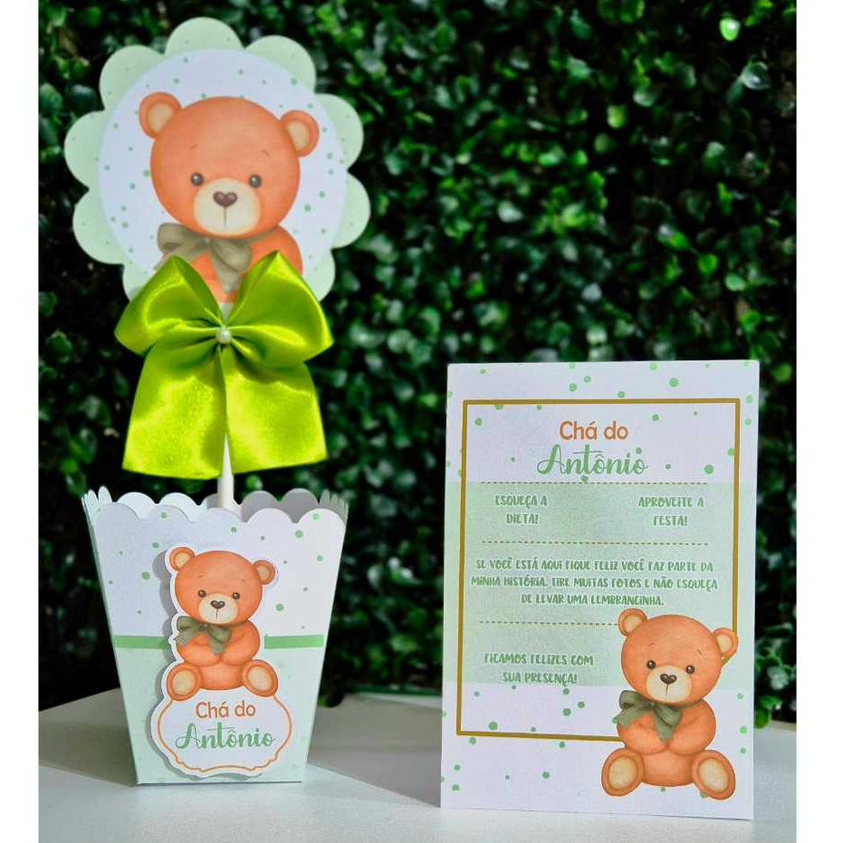 Kit Centro de mesa Chá Ursinho bebê Verde| Personalizado | Enfeite Cachepô | Decoração | Plaquinha.