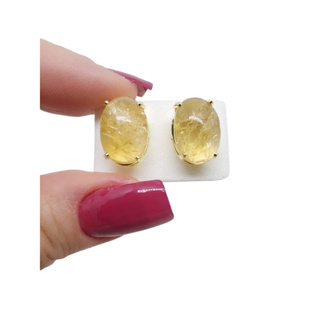 Brinco Pequeno em Pedra Natural de Citrino Formato Oval Banhado a Ouro 18k em Oferta na Shopee