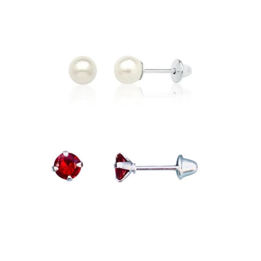 kit 2 pares de brinco infantil seguro confortavel perola ponto luz vermelho tarraxa baby  prata 925leve saquinho de pres