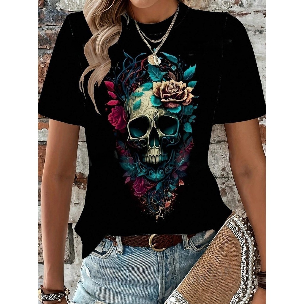 [Camiseta Premium em Algodão Puro]SISI Camiseta Algodão Premium Crânio Manga Curta em Oferta na Shopee