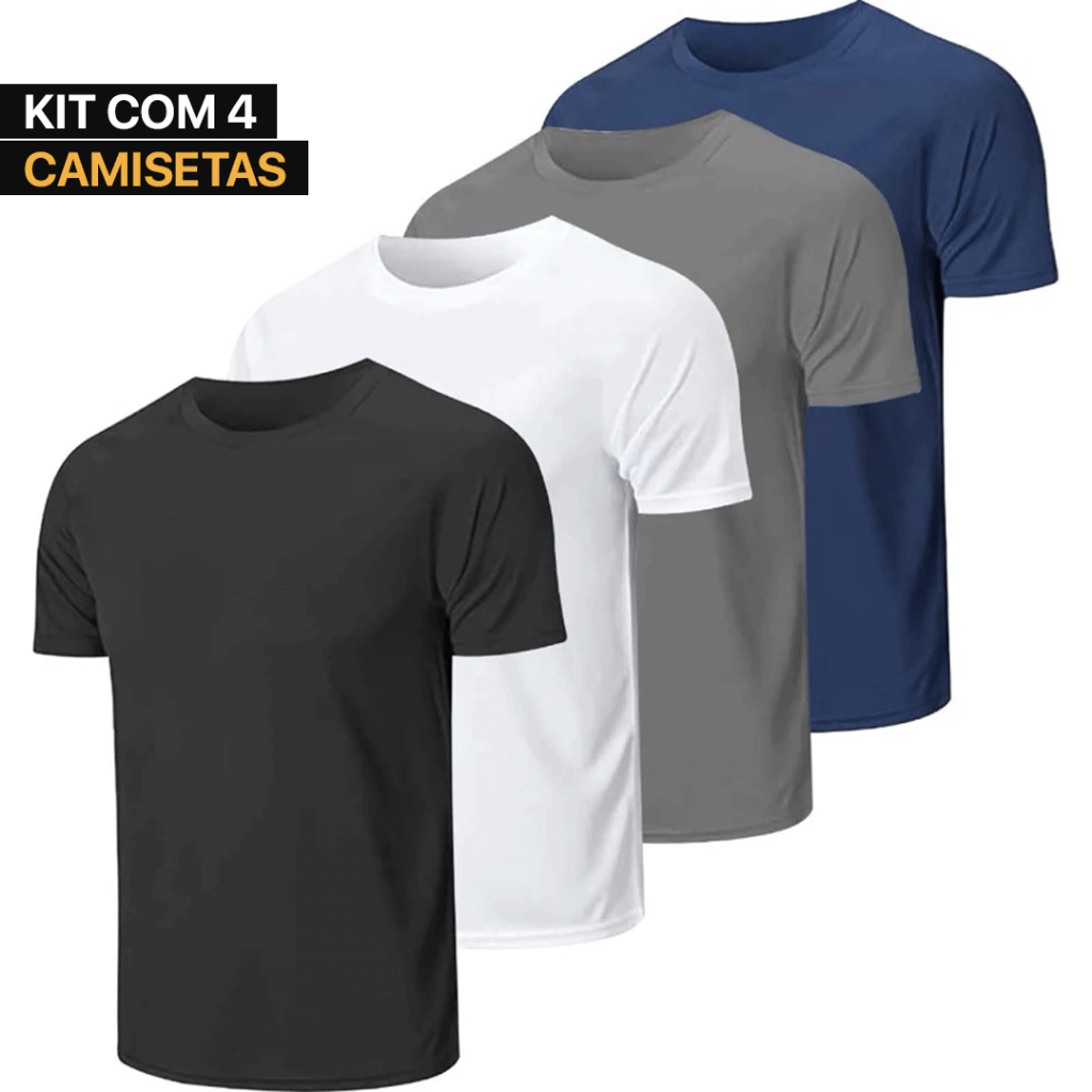 Kit 4 Camisetas Malha Fria Poliéster Premium Básica Trabalho Casual Academia Sublimação Preto Branco Masculina Feminina