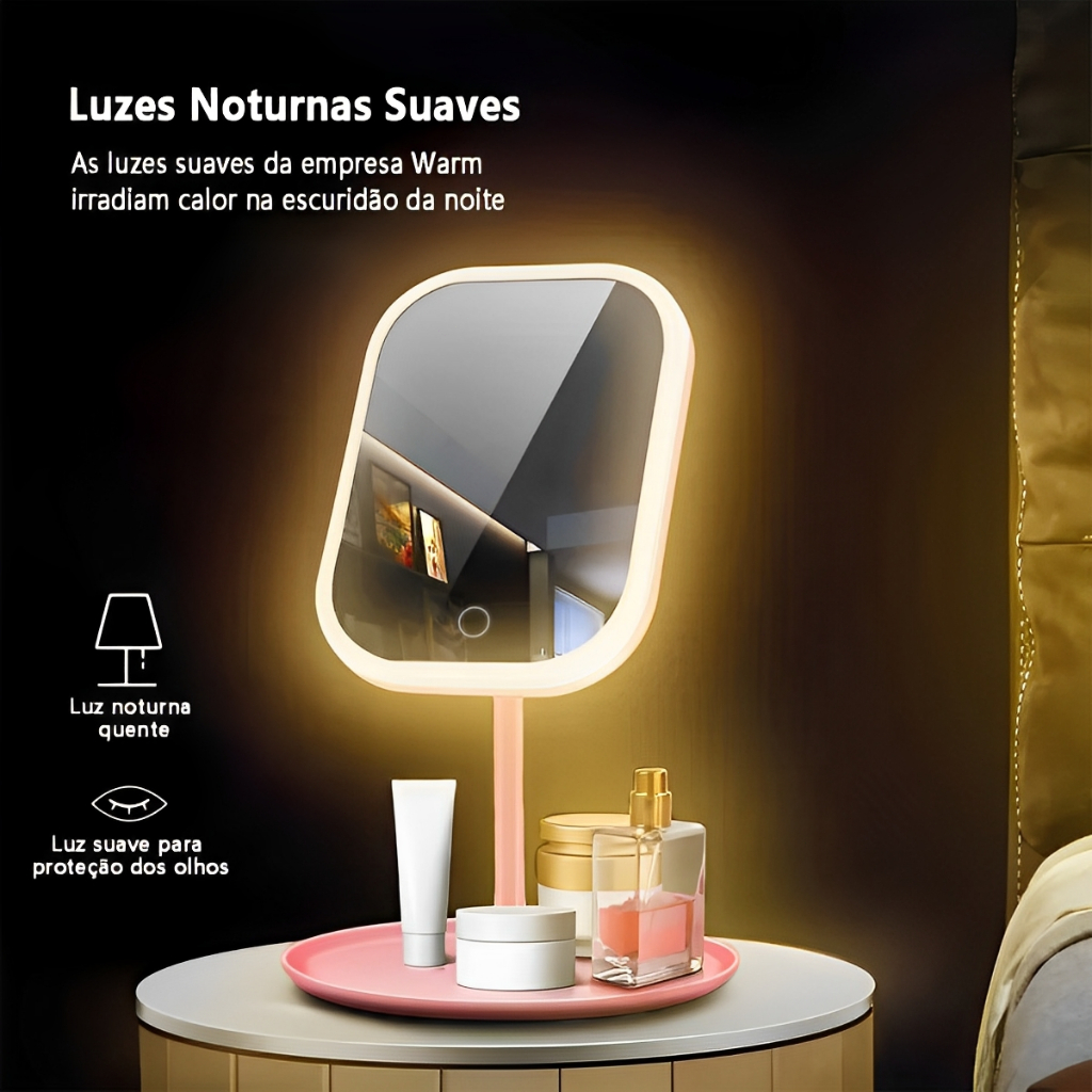 Espelho De Maquiagem Iluminado LED Com Luz Ajustável USB Recarregável Portátil Dobrável Toque Suave