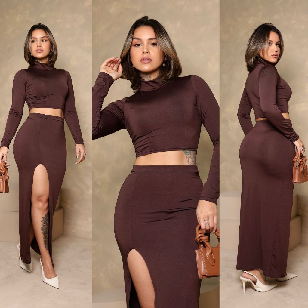 Conjunto Gola Alta Cropped manga longa e saia em Oferta na Shopee