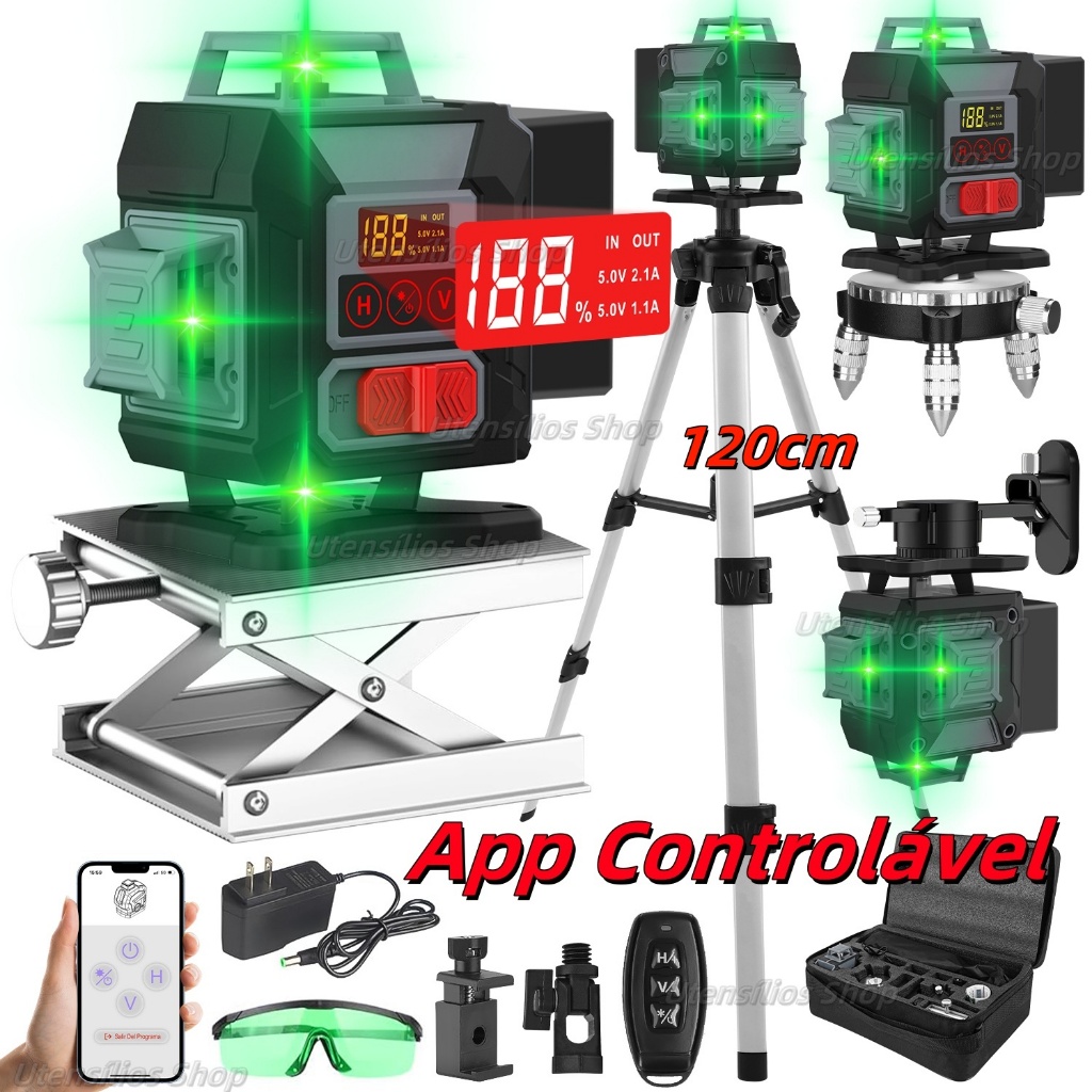 Nível Laser 12/16 Linhas Verde 360° Auto-Nivelante + Tripé 1.2m | Duas Baterias