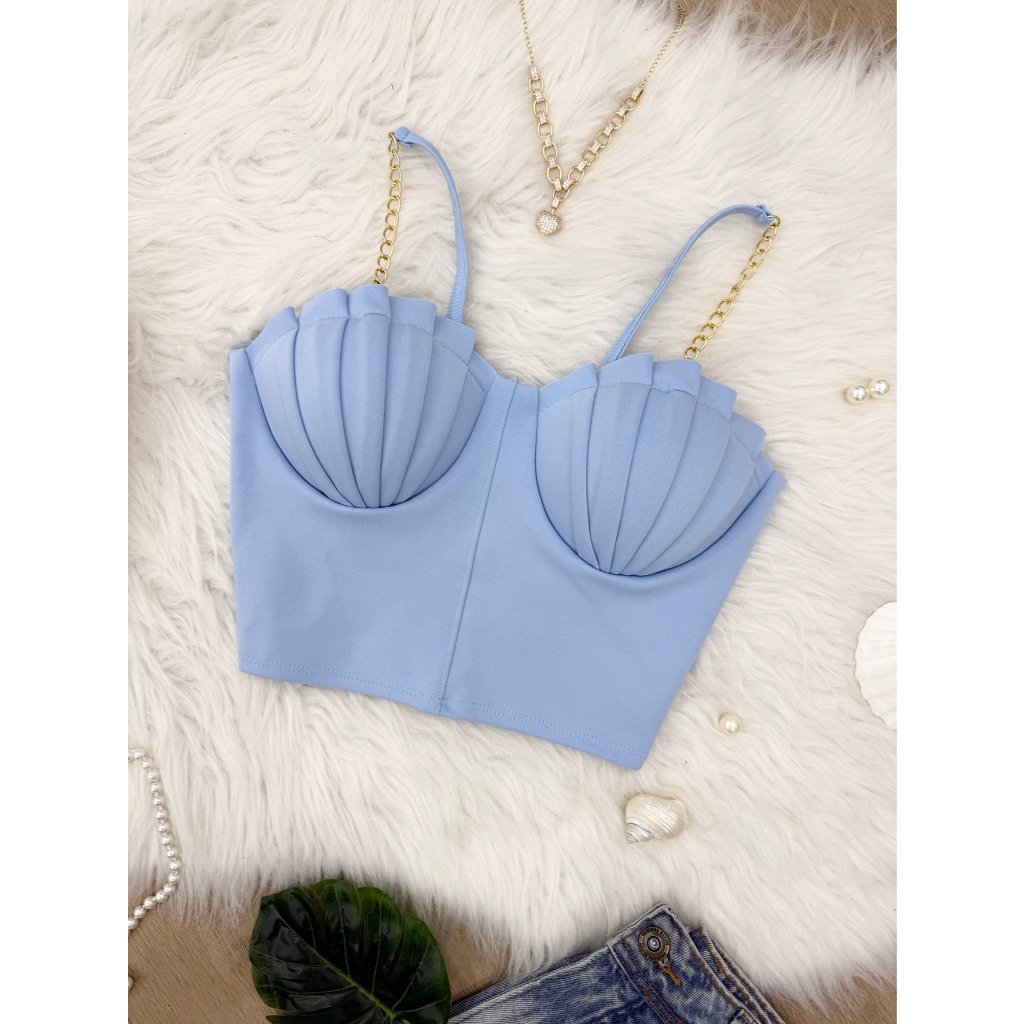 LCQ Cropped Top Blusinha Alça Fina Corrente Com Bojo Sereia Concha Moda 148