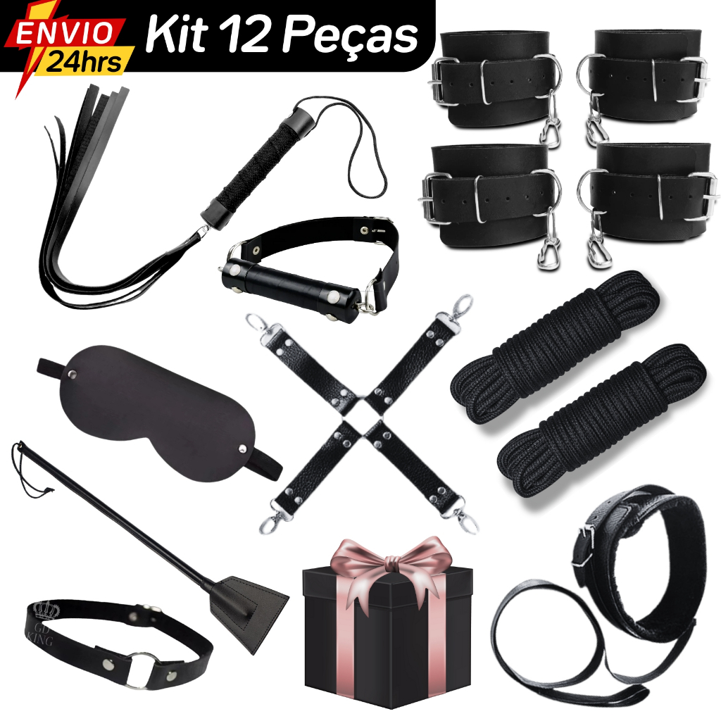 Kit BDSM 12 Peças Couro Bondage Fetiche Dominação Submissão Sado Mordaça Algema Chicote Coleira em Oferta na Shopee