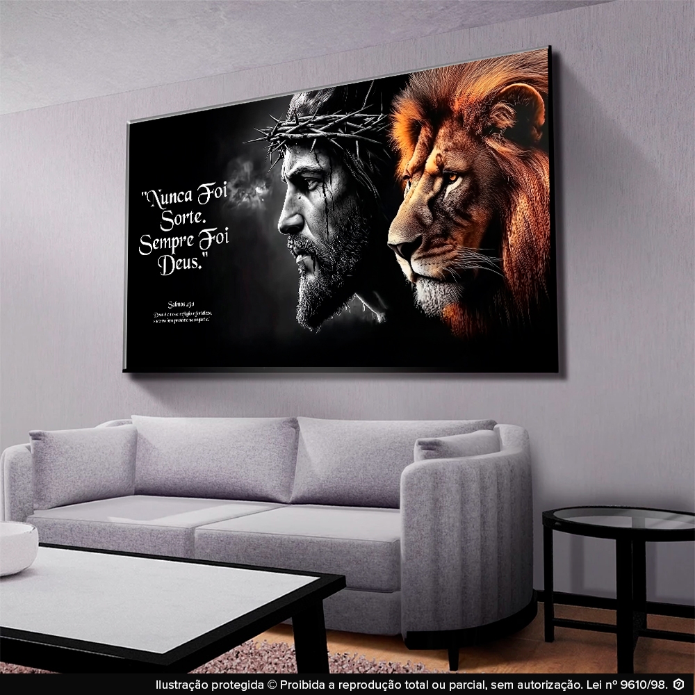 Quadro Decorativo Salmo 23:1 Arte Jesus Leão de Judá Religioso Nunca Foi Sorte Sempre Foi Deus Hall