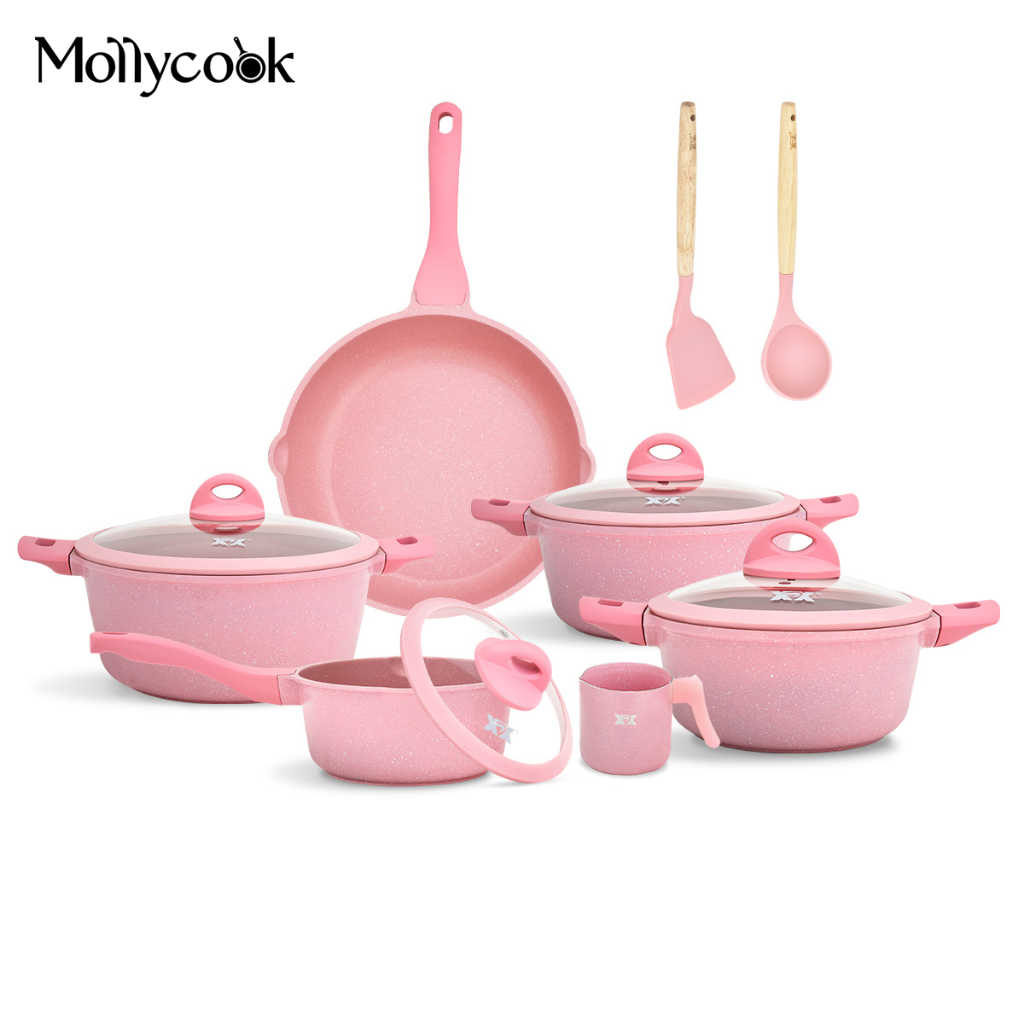 Imagem Mollycook Jogo de Panelas Kit 14 Pçs Antiaderentea Tampa Vidro Com Silicone Revestimento De Cerâmica