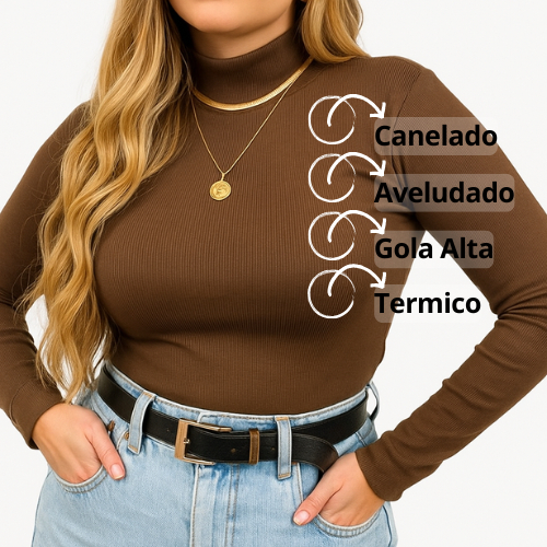 Blusa Cacharrel Canelada Feminina T-Shirt Gola Alta Peluciada Térmica Inverno Flanelada Tendência 2025