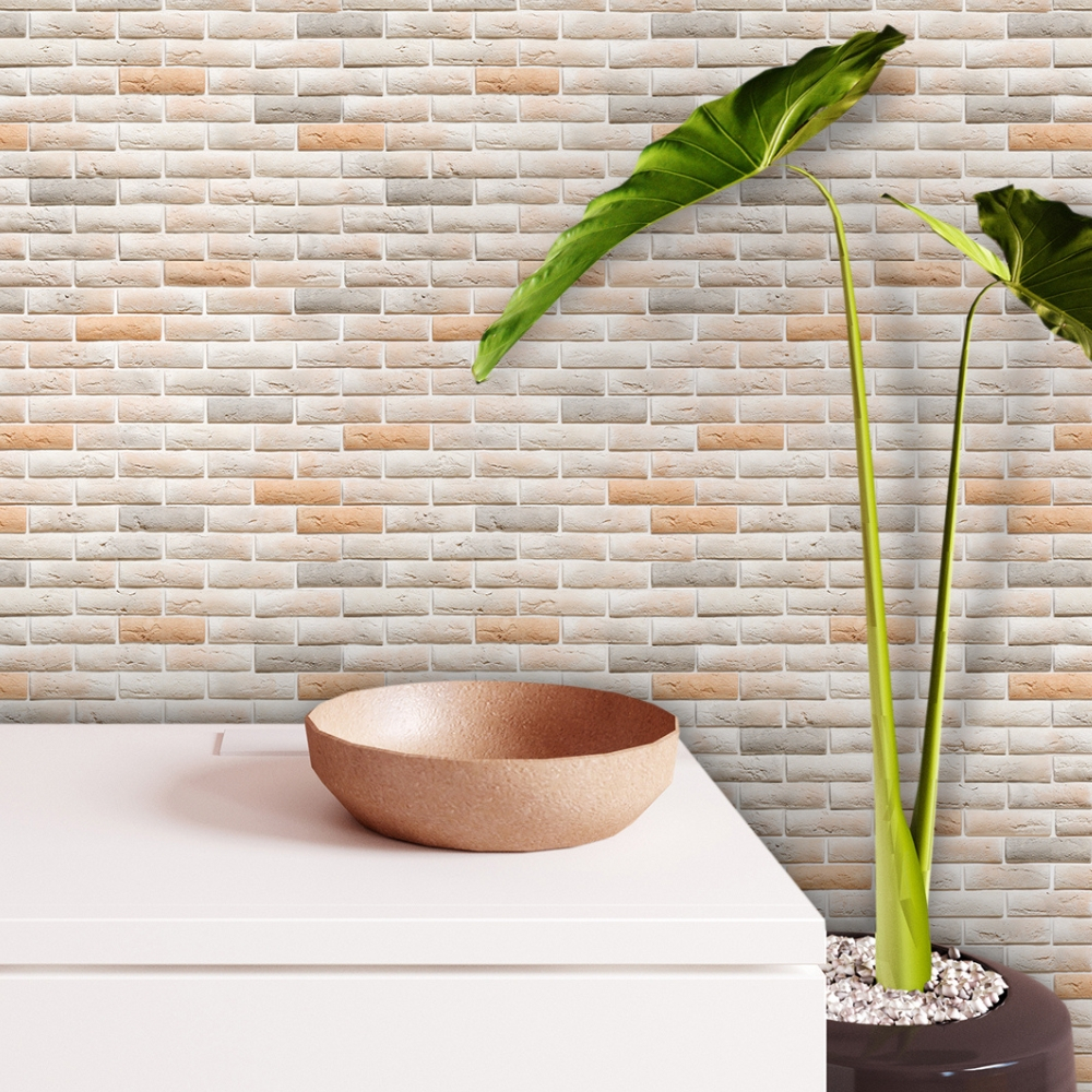Papel de Parede Adesivo Tijolo Tijolinho Bege Misto Demolição 3D Decoração Lavável Rolo de 3 Metros