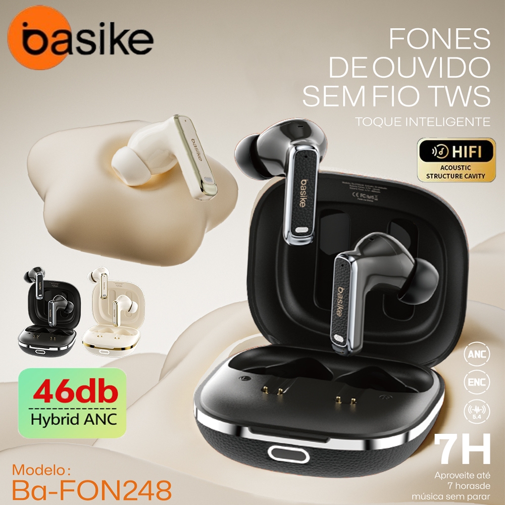 BASIKE ANC-46dB Fones De Ouvido Sem Fio ENC Cancelamento De Ruído 35h-Bateria IPX4 à prova d'água 4-Mic Bluetooth5.4 em Oferta na Shopee