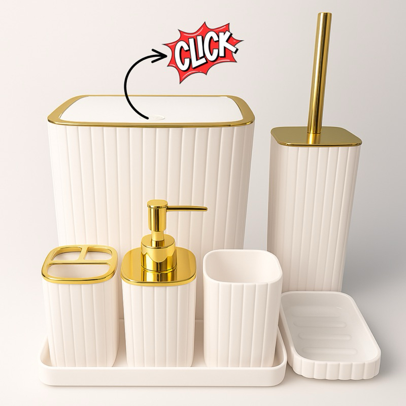 Kit Banheiro Completo 7 Peças Acessório Dourado Gold Prata Bambu Lavabo Porta Escova Sanit...
