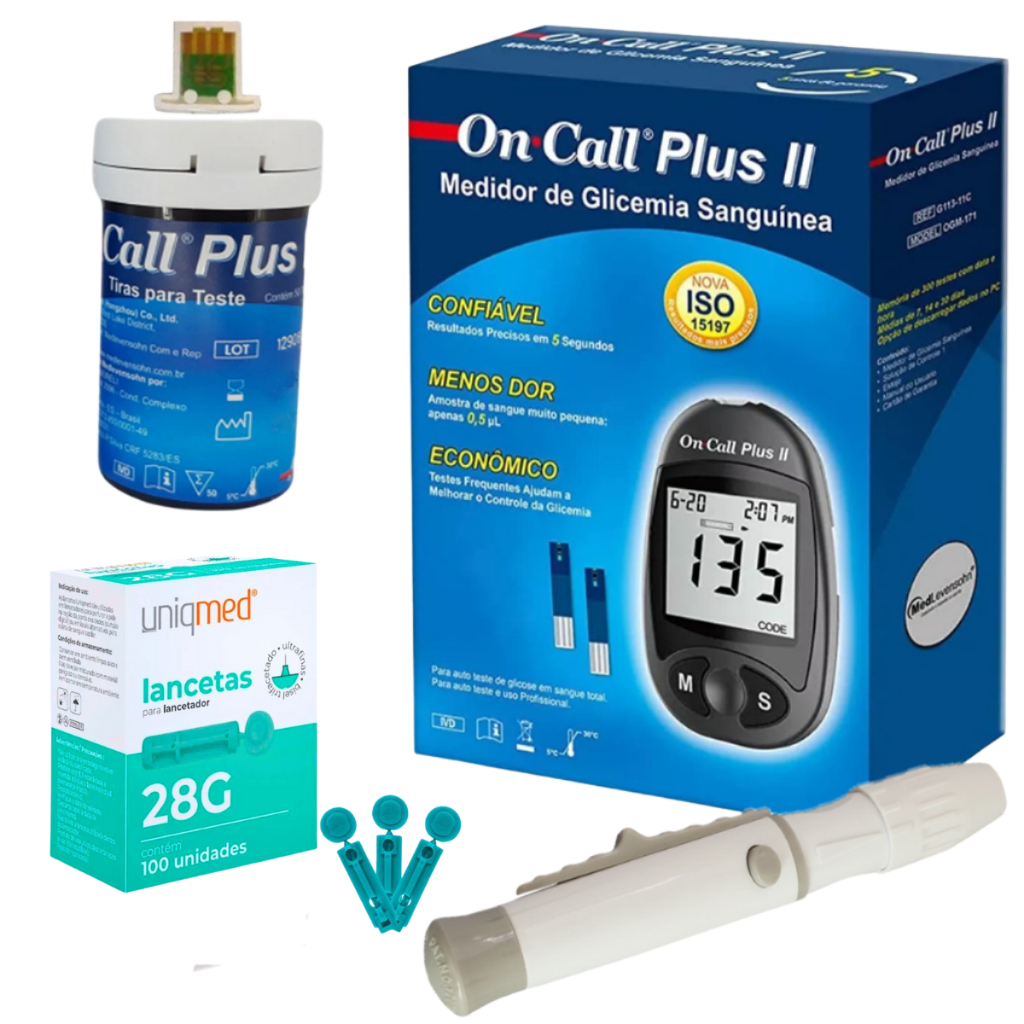 Kit Completo Medidor de Glicose On Call Plus II Autoteste com Medidor + 50 Tiras +  100 Lancetas + Caneta