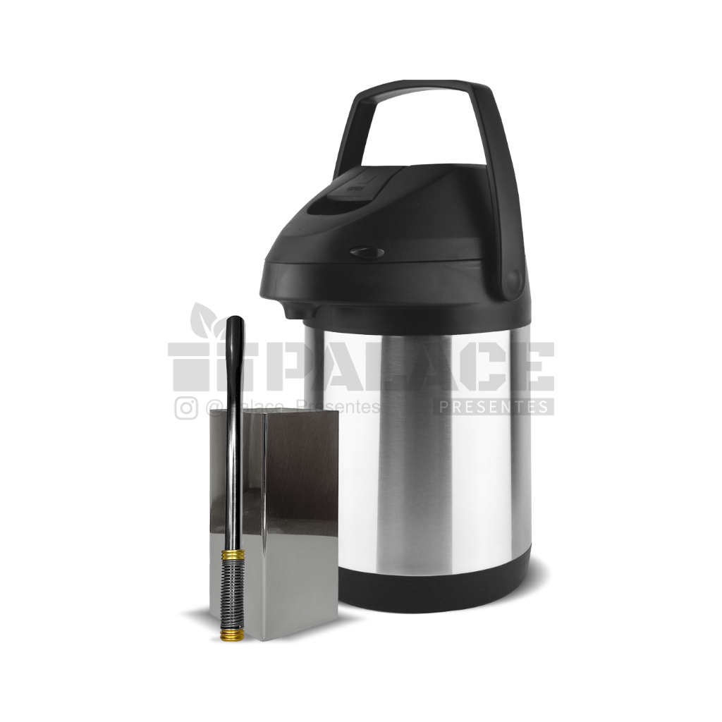 Kit p/ Terere Completo: Garrafa Térmica 2,5L + Copo Quadrado 250ml + Bomba para Terere Inox