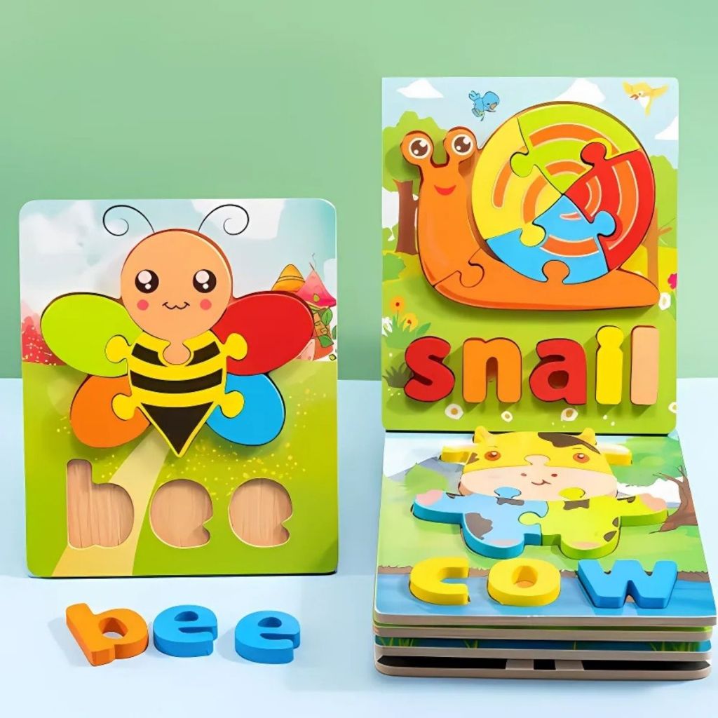Quebra Cabeça Figura e Palavra Madeira Educativo Encaixe Divertido Letras Animais Palavra Montessori em Oferta na Shopee