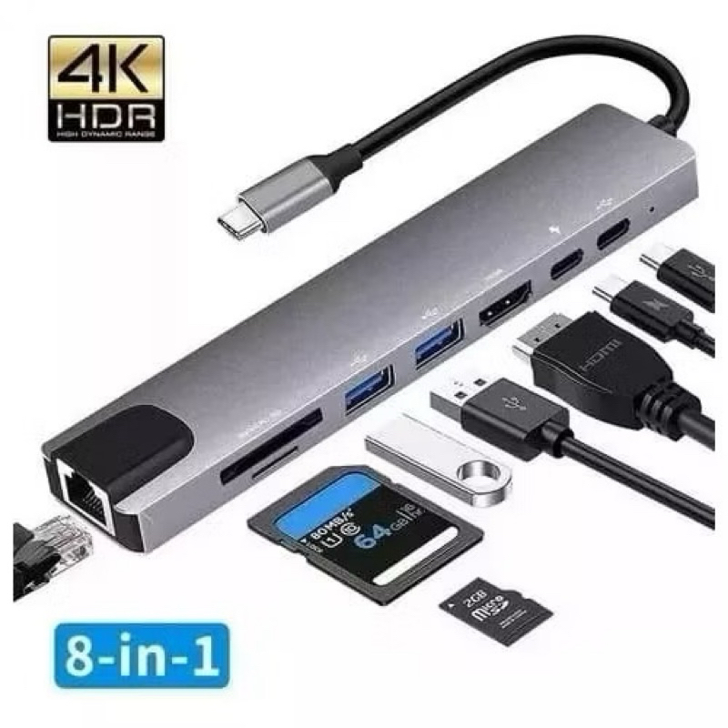Hub USB-C 8 em 1 para Escritório – HDMI 4K, USB 3.0, SD, RJ45, Tipo-C PD – Ideal para Home Office e Trabalho Remoto