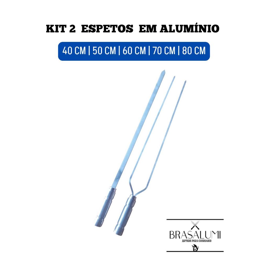Kit 2 espetos de aluminio para churrasco  DUPLO E CHATO